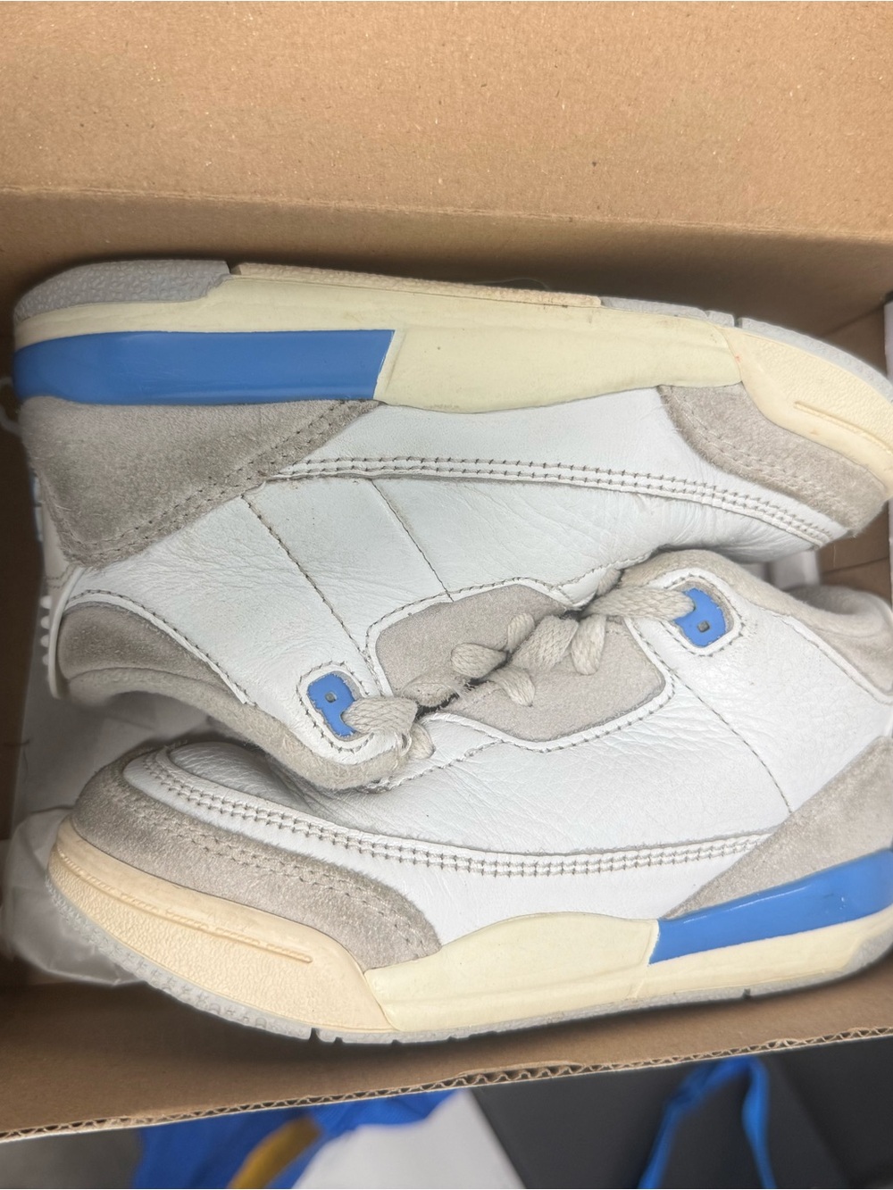 Jordan Kids White Sneakers with Light Gray Suede and Blue Accents